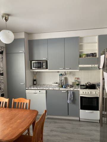 Kitchen cabinets after a fresh coat of gray paint