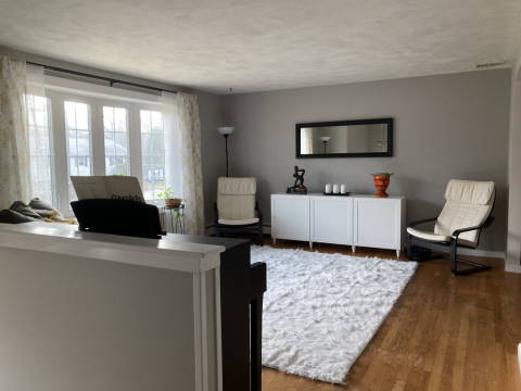 View of the living room from kitchen after makeover